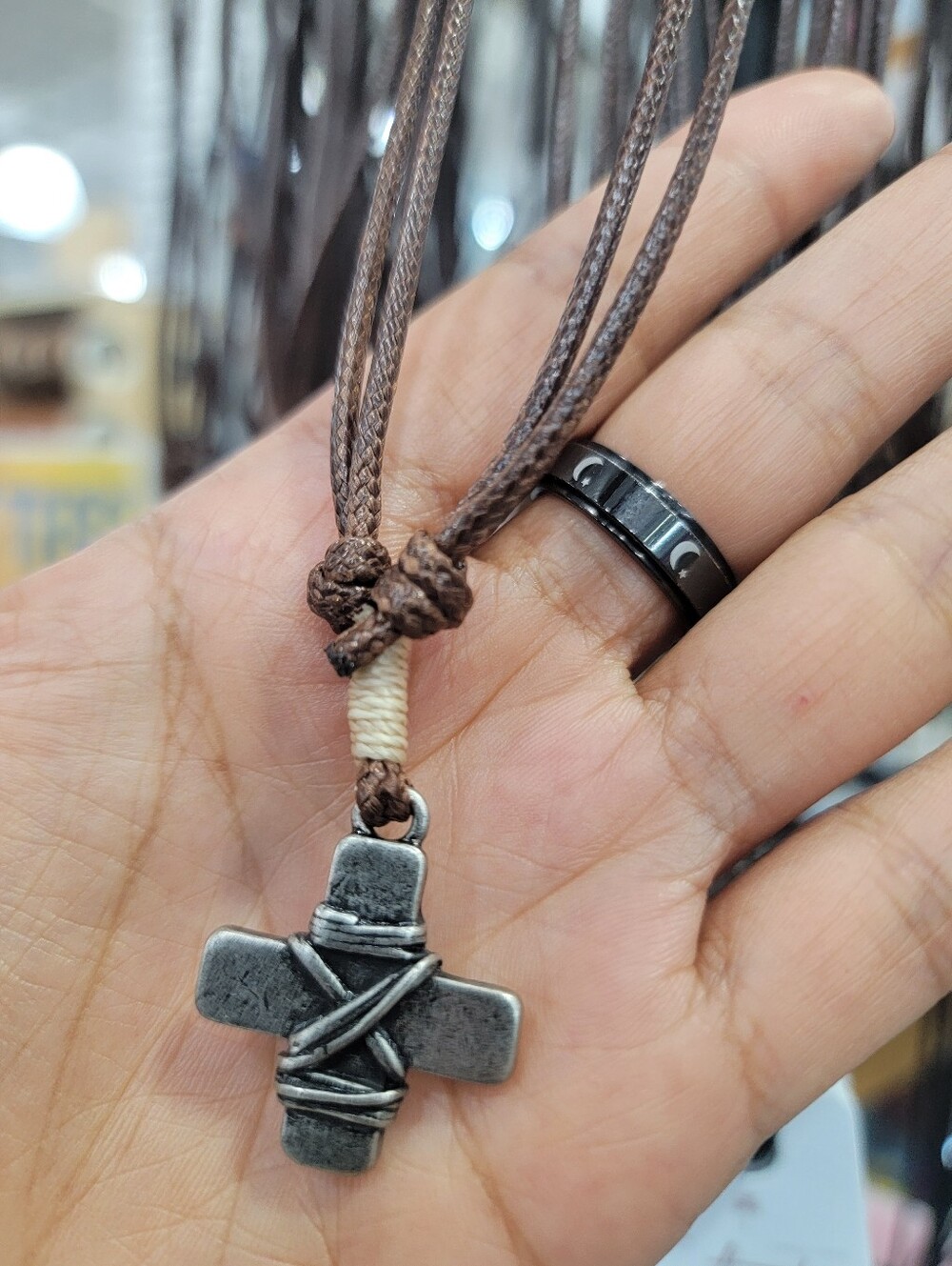 Mens Brown Cord Necklace with Silver Cross Pendant
